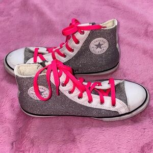 Converse All Star High Top Sneakers Silver Sparkle Glitter w/ Pink Trim